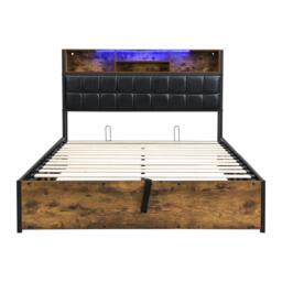 Hydraulic Storage Bed with Charging Sockets and LED Strip, Double Bed with Hydraulic Storage, 208L x 141W x 107H cm, Black+Neutral - Aosom UK - thumbnail 2