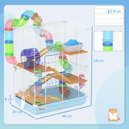 PawHut Small Hamster Cage with 5-Tier Habitat and Tunnel, Fun & Spacious Cage for Hamsters, Light Blue - Aosom UK - thumbnail 3