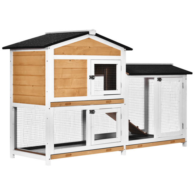PawHut 2-Tier Rabbit Hutch Wooden Guinea Pig House Pet Cage Outdoor w/ Sliding-out Tray Ramp, 157.4x53x93.5cm, Yellow - image 1