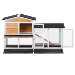 PawHut 2-Tier Rabbit Hutch Wooden Guinea Pig House Pet Cage Outdoor w/ Sliding-out Tray Ramp, 157.4x53x93.5cm, Yellow - thumbnail 8