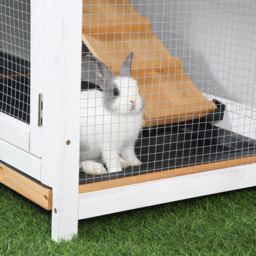 PawHut 2-Tier Rabbit Hutch Wooden Guinea Pig House Pet Cage Outdoor w/ Sliding-out Tray Ramp, 157.4x53x93.5cm, Yellow - thumbnail 9