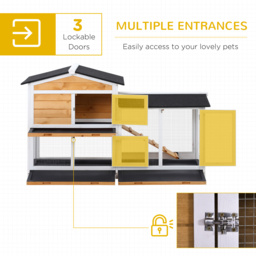 PawHut 2-Tier Rabbit Hutch Wooden Guinea Pig House Pet Cage Outdoor w/ Sliding-out Tray Ramp, 157.4x53x93.5cm, Yellow - thumbnail 4