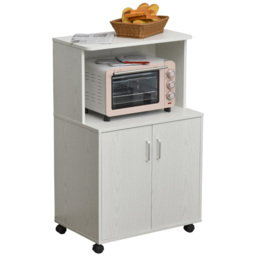 HOMCOM Kitchen Trolley: Mobile Microwave Stand with Storage Cabinets, White Bookcase on Wheels - Aosom UK - thumbnail 1