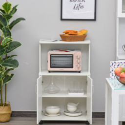 HOMCOM Kitchen Trolley: Mobile Microwave Stand with Storage Cabinets, White Bookcase on Wheels - Aosom UK - thumbnail 8