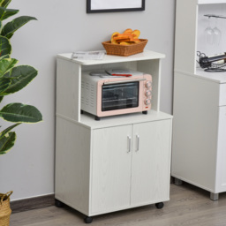 HOMCOM Kitchen Trolley: Mobile Microwave Stand with Storage Cabinets, White Bookcase on Wheels - Aosom UK - thumbnail 2