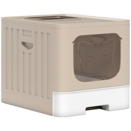 PawHut Foldable Cat Litter Box with Lid, Slide-Out Drawer, Scoop, Easy Clean, Odour Control, Anti-Splashing, Khaki - thumbnail 1
