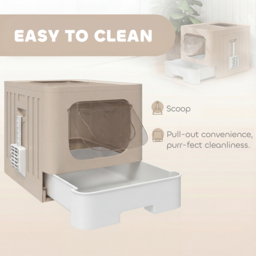 PawHut Foldable Cat Litter Box with Lid, Slide-Out Drawer, Scoop, Easy Clean, Odour Control, Anti-Splashing, Khaki - thumbnail 4