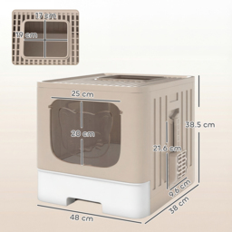 PawHut Foldable Cat Litter Box with Lid, Slide-Out Drawer, Scoop, Easy Clean, Odour Control, Anti-Splashing, Khaki - thumbnail 3