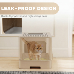 PawHut Foldable Cat Litter Box with Lid, Slide-Out Drawer, Scoop, Easy Clean, Odour Control, Anti-Splashing, Khaki - thumbnail 6