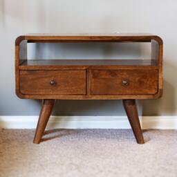 100 % Solid Mango Wood Mini Media Unit with Smooth-Glide Drawers and Open Slot, TV Unit with Unique Grain, 30L x 60W x 45H cm, Brown - Aosom UK