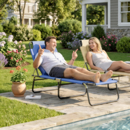 Outsunny Foldable Sun Lounger, Reclining Garden Chair with Pillow and Reading Hole, Adjustable, Blue - thumbnail 2