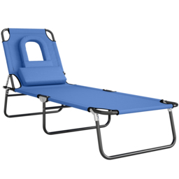 Outsunny Foldable Sun Lounger, Reclining Garden Chair with Pillow and Reading Hole, Adjustable, Blue - thumbnail 1