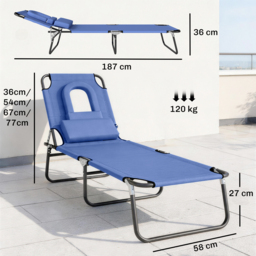 Outsunny Foldable Sun Lounger, Reclining Garden Chair with Pillow and Reading Hole, Adjustable, Blue - thumbnail 3