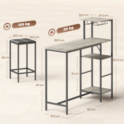 HOMCOM 3 Piece Breakfast Bar Table and Stools Set, Washed Grey - thumbnail 3