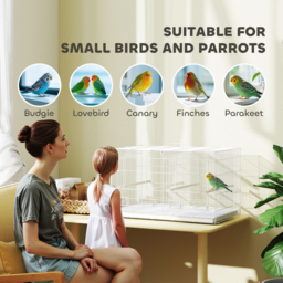 PawHut Bird Cage with Divider, 4 Wooden Perches, Slide Out Tray, 4 Feeders, for Budgie, Lovebird, Canary, 76 x 46 x 46cm, White - thumbnail 8