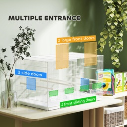 PawHut Bird Cage with Divider, 4 Wooden Perches, Slide Out Tray, 4 Feeders, for Budgie, Lovebird, Canary, 76 x 46 x 46cm, White - thumbnail 6