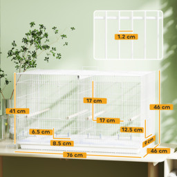PawHut Bird Cage with Divider, 4 Wooden Perches, Slide Out Tray, 4 Feeders, for Budgie, Lovebird, Canary, 76 x 46 x 46cm, White - thumbnail 3
