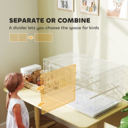PawHut Bird Cage with Divider, 4 Wooden Perches, Slide Out Tray, 4 Feeders, for Budgie, Lovebird, Canary, 76 x 46 x 46cm, White - thumbnail 4