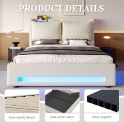 Practical Upholstered Bed with Hydraulic Storage, Ideal Bed Frame for Modern-Style Bedroom, 182.5L x 210W x 114H cm, Beige - Aosom UK - thumbnail 4