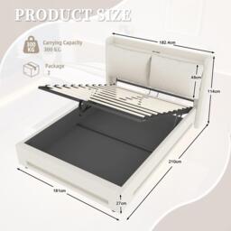 Practical Upholstered Bed with Hydraulic Storage, Ideal Bed Frame for Modern-Style Bedroom, 182.5L x 210W x 114H cm, Beige - Aosom UK - thumbnail 3