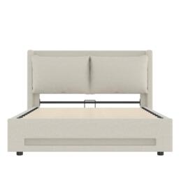 Practical Upholstered Bed with Hydraulic Storage, Ideal Bed Frame for Modern-Style Bedroom, 182.5L x 210W x 114H cm, Beige - Aosom UK - thumbnail 2