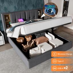 Upholstered Double Bed with Wireless Charging, Hydraulic Storage, Linen Fabric Bed Frame with Compartments, 206L x 155W x 100.5H cm, Grey - Aosom.UK - thumbnail 4