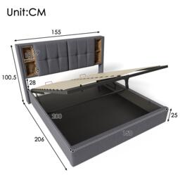Upholstered Double Bed with Wireless Charging, Hydraulic Storage, Linen Fabric Bed Frame with Compartments, 206L x 155W x 100.5H cm, Grey - Aosom.UK - thumbnail 3