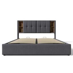 Upholstered Double Bed with Wireless Charging, Hydraulic Storage, Linen Fabric Bed Frame with Compartments, 206L x 155W x 100.5H cm, Grey - Aosom.UK - thumbnail 2