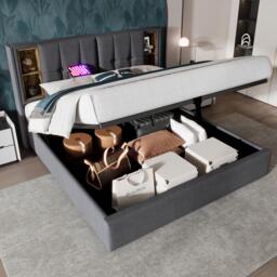 Upholstered Double Bed with Wireless Charging, Hydraulic Storage, Linen Fabric Bed Frame with Compartments, 206L x 155W x 100.5H cm, Grey - Aosom.UK