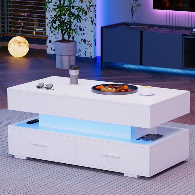 Hydraulic Lift Top Coffee Table with LED Lighting, 2 Drawers and Storage, Oblong Coffee Table for Living Room, 100L x 50W x 44H cm, White - Aosom.UK - image 1