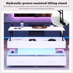 Hydraulic Lift Top Coffee Table with LED Lighting, 2 Drawers and Storage, Oblong Coffee Table for Living Room, 100L x 50W x 44H cm, White - Aosom.UK - thumbnail 6