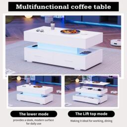 Hydraulic Lift Top Coffee Table with LED Lighting, 2 Drawers and Storage, Oblong Coffee Table for Living Room, 100L x 50W x 44H cm, White - Aosom.UK - thumbnail 5