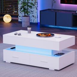 Hydraulic Lift Top Coffee Table with LED Lighting, 2 Drawers and Storage, Oblong Coffee Table for Living Room, 100L x 50W x 44H cm, White - Aosom.UK