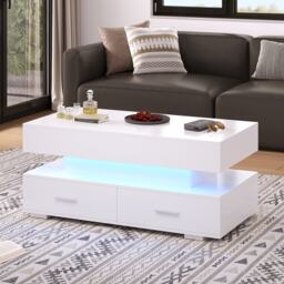 Hydraulic Lift Top Coffee Table with LED Lighting, 2 Drawers and Storage, Oblong Coffee Table for Living Room, 100L x 50W x 44H cm, White - Aosom.UK - thumbnail 9