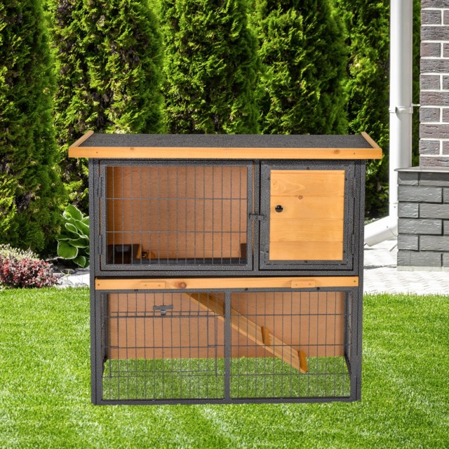 PawHut Wood-metal Guinea Pigs Hutches Elevated Pet House Bunny Cage with Slide-Out Tray Asphalt Openable Roof Lockable Door Outdoor - Aosom UK - image 1