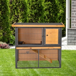 PawHut Wood-metal Guinea Pigs Hutches Elevated Pet House Bunny Cage with Slide-Out Tray Asphalt Openable Roof Lockable Door Outdoor - Aosom UK