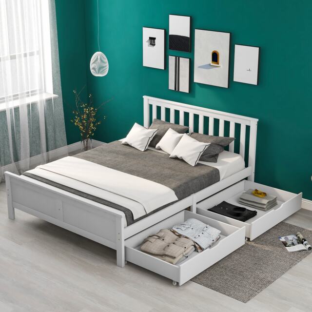 Elegant Solid Pine Double Bed Frame with Storage Drawers, Headboard, Footboard, Wooden Single Bed Base for Adults, Kids, 196x146x82 cm, White - Aosom UK - image 1