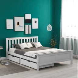 Elegant Solid Pine Double Bed Frame with Storage Drawers, Headboard, Footboard, Wooden Single Bed Base for Adults, Kids, 196x146x82 cm, White - Aosom UK - thumbnail 4