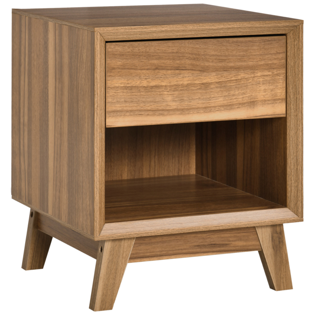 HOMCOM Bedside Table Nightstand, Modern End Table with Drawer and Shelf for Living Room, Walnut Brown - Aosom UK - image 1