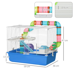PawHut Large Hamster Cage, 3-Level Small Rodents House, w/ Tube Tunnel, Exercise Wheel, Food Dish, Ramps, Hut, 59 x 36 x 47 cm, Blue - Aosom UK - thumbnail 3