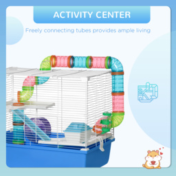 PawHut Large Hamster Cage, 3-Level Small Rodents House, w/ Tube Tunnel, Exercise Wheel, Food Dish, Ramps, Hut, 59 x 36 x 47 cm, Blue - Aosom UK - thumbnail 7