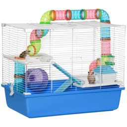 PawHut Large Hamster Cage, 3-Level Small Rodents House, w/ Tube Tunnel, Exercise Wheel, Food Dish, Ramps, Hut, 59 x 36 x 47 cm, Blue - Aosom UK - thumbnail 1