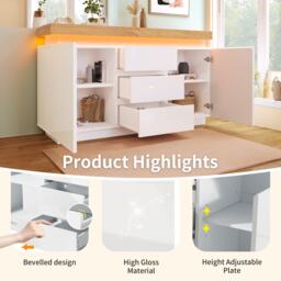 High-Gloss Storage Cabinet with 2 Doors and 3 Drawers, Modern Buffet with App-Controlled LED Light, for Hallway, 140L x 39W x 81H cm, White - Aosom.UK - thumbnail 6