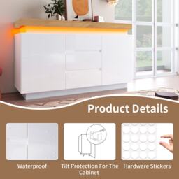 High-Gloss Storage Cabinet with 2 Doors and 3 Drawers, Modern Buffet with App-Controlled LED Light, for Hallway, 140L x 39W x 81H cm, White - Aosom.UK - thumbnail 5