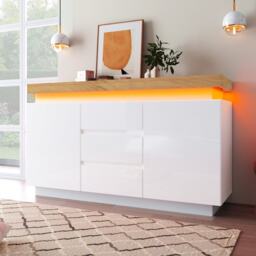 High-Gloss Storage Cabinet with 2 Doors and 3 Drawers, Modern Buffet with App-Controlled LED Light, for Hallway, 140L x 39W x 81H cm, White - Aosom.UK