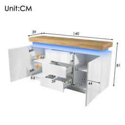 High-Gloss Storage Cabinet with 2 Doors and 3 Drawers, Modern Buffet with App-Controlled LED Light, for Hallway, 140L x 39W x 81H cm, White - Aosom.UK - thumbnail 3