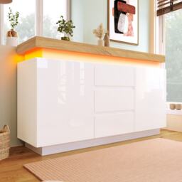 High-Gloss Storage Cabinet with 2 Doors and 3 Drawers, Modern Buffet with App-Controlled LED Light, for Hallway, 140L x 39W x 81H cm, White - Aosom.UK - thumbnail 9