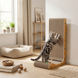 PawHut Cat Scratching Board Wall Mounted Cat Scratcher Corrugated 3 Toy Balls 39 x 23.5 x 57.5 cm Brown - thumbnail 2