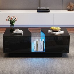 Modern High Gloss Coffee Table with 2 Storage Drawers, Unique Shape Centre Table with Customisable LED Lights, 100L x 50W x 35H cm, Black - Aosom UK - thumbnail 6