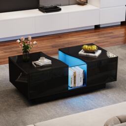 Modern High Gloss Coffee Table with 2 Storage Drawers, Unique Shape Centre Table with Customisable LED Lights, 100L x 50W x 35H cm, Black - Aosom UK